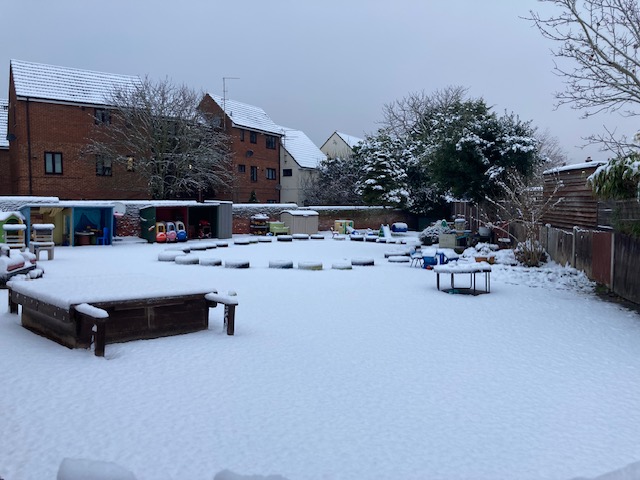 Snow in the play area at St. Mary's Playschool, Great Baddow